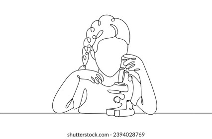 A girl looks through a microscope and thinks about an invention. Kid Inventors' Day. Vector illustration. Images produced without the use of any form of AI software at any stage. 