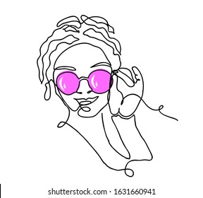 Girl looks through pink glasses. One continuous line drawing simple vector illustration.