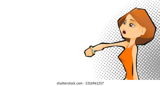 The girl looks at the time. Late for a meeting or work Girl in shock looking at the clock.Comic book pop-art style