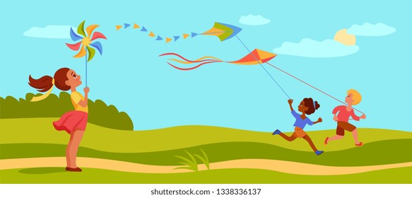 girl looks at the wind turbine toy, children run, play with a kite