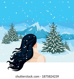 The girl looks at the winter landscape, mountains, trees and snowfall. Winter travel and rest. Vector illustration background.
