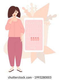 The girl looks at the womens calendar. Beautiful thoughtful woman, stands near the calendar of female health and menstruation on the phone screen. Vector illustration. Womens health concept