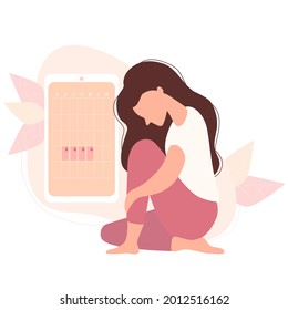 The Girl Looks At The Womens Calendar. Beautiful Modern Sad Woman Sits Near The Female Health And Menstruation Calendar On The Phone Screen. Vector Illustration