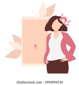 The Girl Looks At The Womens Calendar. Business Woman With Flower Hands On The Belt, Stands Near The Calendar Of Womens Health And Menstruation On The Phone Screen. Vector Illustration 