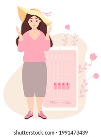 The girl looks at the womens calendar. woman in beach hat, stands near the calendar of female health and menstruation on the phone screen. Vector illustration. Female health character concept