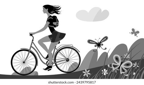 A girl with loose hair in a short skirt with a backpack rides a bicycle among a summer landscape with decorative flowers and butterflies. Cartoon flat drawing in gray tones. Vector illustration
