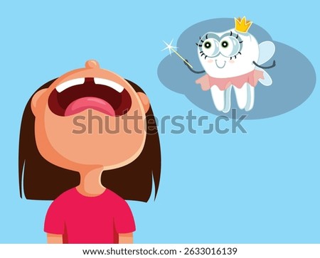 
Girl Losing Primary Teeth Thinking of Tooth Fairy Vector Cartoon. Child losing milk tooth feeling a little nervous and unhappy 