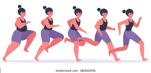 Girl losing weight. Running woman in process of weight loss, female character jogging and get in shape, losing weight stages vector illustration. Girl fitness slim, woman jogging and training