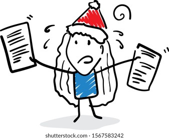 Girl at a loss with contract, two piece of papers before merry christmas in a new year hat. Girl hand drawn doodle line art cartoon design character - isolated vector illustration outline of woman.
