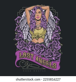 Girl lost angels flyer colorful with lilac flowers near woman with beautiful wings dressed in stylish street clothes vector illustration