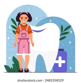 Girl lost tooth. Child stands near tooth and toothpaste. Dentistry and stomatology. Dental and oral health and hygiene. Kid with smile. Flat vector illustration isolated on white background