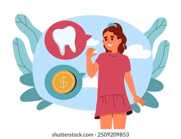 La chica perdió un diente. Chica esperando a hada para cambiar su diente de leche por dinero. Problemas bucales y cuidado dental. Atención de salud y medicamentos para preescolares. Ilustración vectorial plana aislada sobre fondo