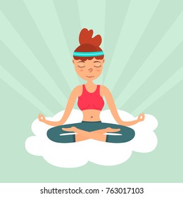 Girl in a lotus pose floating on a cloud in the sky color flat illustration