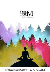 A girl in a lotus pose in the forest. Mixed media. Yoga Vector illustration