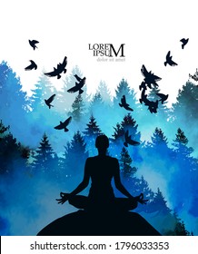 A girl in a lotus pose in the forest. Mixed media. Yoga Vector illustration