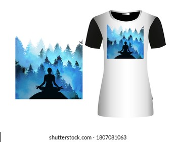 A girl in a lotus pose in the forest. T-shirt print. Yoga Vector illustration