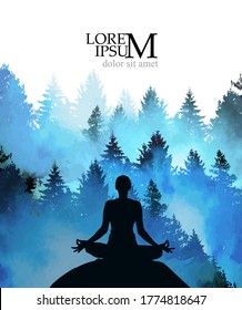 A girl in a lotus pose in the forest. Yoga Vector illustration