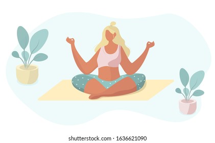 Girl in lotus pose. Meditation in the Lotus position. Woman doing Sport. Healthy Lifestyle. Woman Yoga Exercises on Mats at Studio. Colorful flat vector illustration