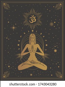 girl in lotus pose with the omm sign, with chakras among the stars, tarot cards, sacred, calm