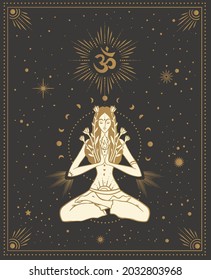 girl in lotus pose with the omm sign, with chakras among the stars, tarot cards, sacred, calm