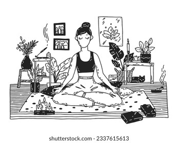 Girl in lotus pose on yoga mat. Woman doing yoga in the room. Cute vector cartoon hand-drawn illustration of young woman meditating. 