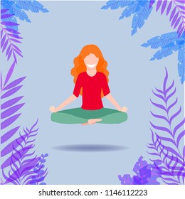 girl in Lotus pose, yoga, vector illustration, palm leaves