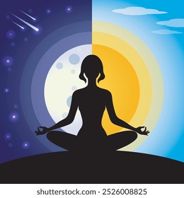 La chica en la posición de loto contra el fondo del día y la noche. El sol y la luna están unidos en el centro, simbolizando el equilibrio, la armonía y la paz, enfatizando la atmósfera de meditación.