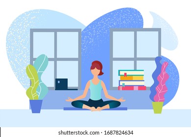 Una chica en una posición Lotus entre una laptop y una pila de libros. La ilustración vectorial mantiene la calma y la salud, trabaja y estudia en casa si es necesario.