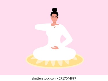 The girl in the lotus position is engaged in spiritual practices. Cozy meditation, vector illustration. A woman practices yoga. Wellness activities. Work on yourself.