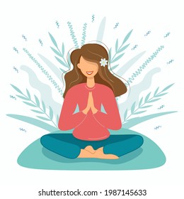 The girl in the lotus position is engaged in yoga in nature. Young woman is meditating. Delicate plants in the background. Self-isolation, quarantine sport. Flat illustration, concept. Vector.