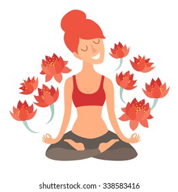 Girl in the lotus position with flower vector. Meditation art. Isolated illustration on the white background. Design concept of yoga, fitness, relax, happiness, meditation