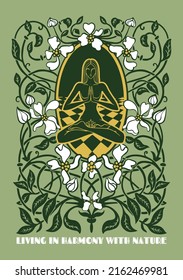 girl in the lotus position in a frame of flowers, retro print on a t-shirt