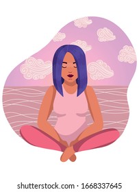 A girl in the Lotus position with her eyes closed meditates or arrives in a calm state. Pink tone.