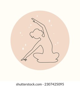 Girl in lotus position makes tilt to side. Silhouette, symbol, logo, emblem, icon for web design, social media stories. Trendy minimal lineart style. Woman practices yoga asanas. Vector in boho style