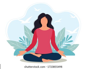 
girl in lotus position meditates at home. flat style vector illustration