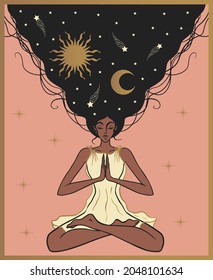 girl in lotus position meditates the universe in her hair, sun and moon, yoga magic