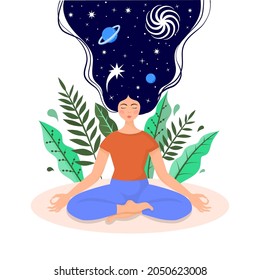 Girl in lotus position meditates vector illustration. Meditation of a woman sitting in a lotus position with crossed legs and raised dark hair with a starry cosmic sky.