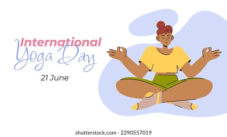 girl in lotus position meditating international day of yoga. 21 june vector flat illustration