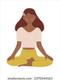 a girl in the lotus position is meditating. vector flat illustration