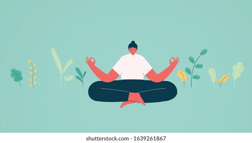 Girl in lotus position meditation. Concept of energy charge and relaxation, business solutions.