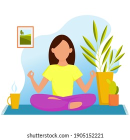 Girl in lotus position on a white background. The girl is engaged in yoga. Woman doing yoga exercises. Yoga emblem for poster, banner, flyer or card design. Warm up, stretching. Vector illustration.