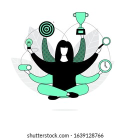 A girl in the lotus position simultaneously performs many different tasks. Many hands, purpose, clock, magnifier, meditation. Flat line vector illustration.
