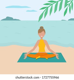 Girl in lotus position sits by the sea under a palm tree. Girl is meditating. Vector illustration.