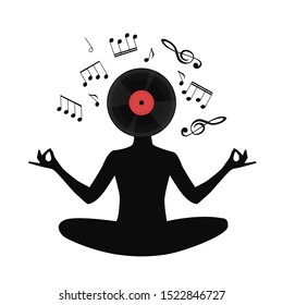 Girl in lotus position with a vinyl record instead of a head