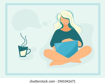 The girl in the lotus position works at the computer and drinks coffee. Happy blonde with laptop. Home Office. Vector illustration on a light background. Trendy flat design with bubble for text.