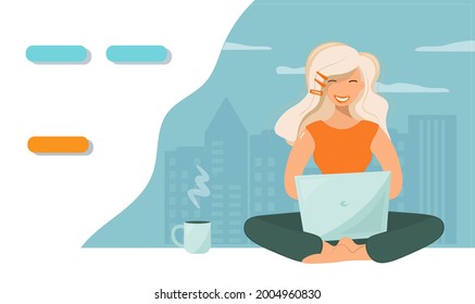 The girl in the lotus position works at the computer. Cute blonde with a laptop on the background of a big city in an apartment or office. Remote work, training. Vector template, business card, banner