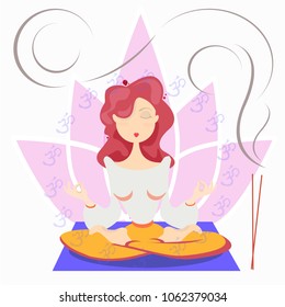 The girl in the lotus position. Yoga. Lotos behind. OM Meditation and harmony. The ore girl is meditating. The beauty of the world.Modern flat style vector illustration. Isolated on white background.