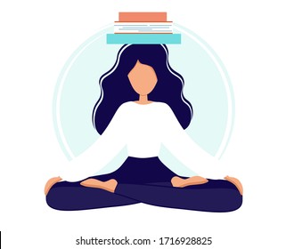 A girl in lotus yoga practices meditation with books on her head. Yoga practice. Vector illustration in a flat style. Young woman meditating