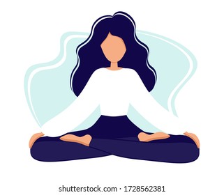 A girl in lotus yoga practices meditation. Yoga practice. Vector illustration in a flat style. Young woman meditating. Stay at home. Self-isolation.