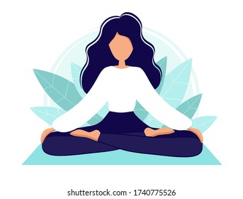 Una niña en el yoga de loto practica la meditación. Práctica de yoga. Ilustración vectorial en un estilo plano. Mujer joven meditando. Quédate en casa. Autoaislamiento.